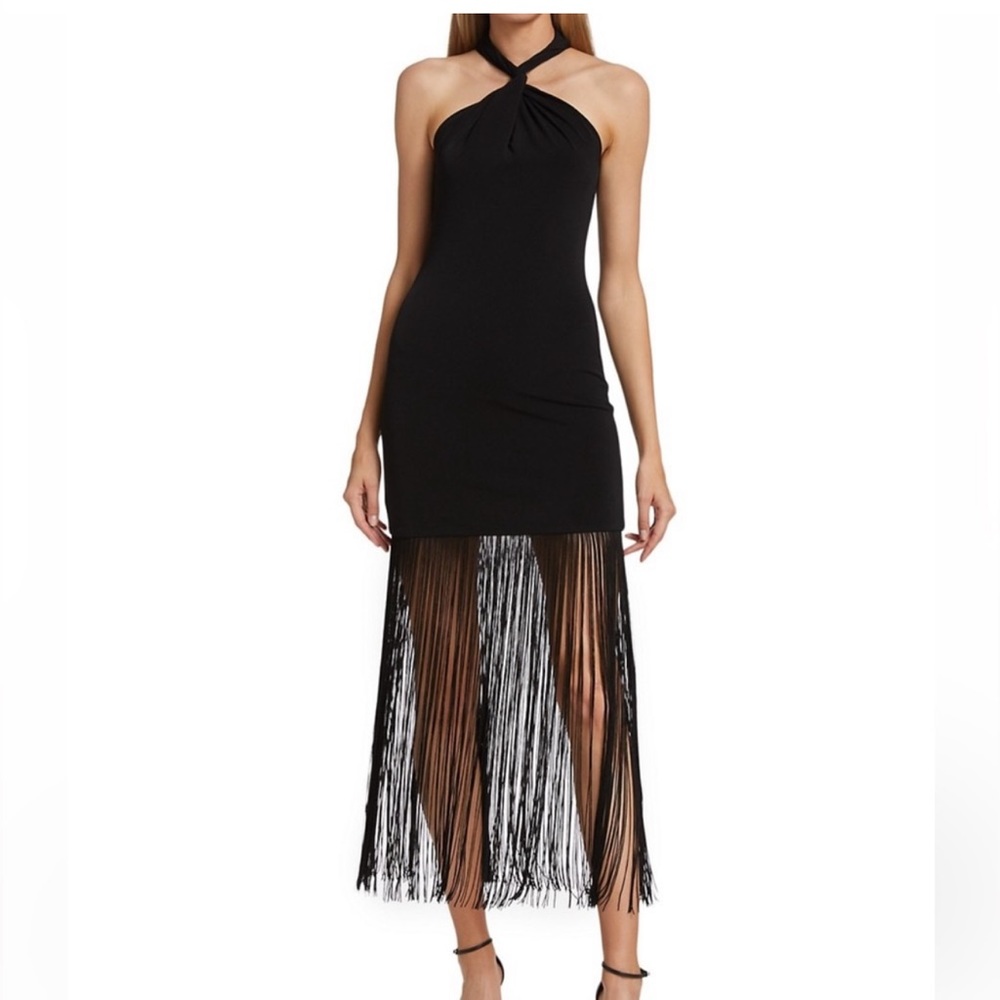 Alice + Olivia Black Fringe Midi Dress